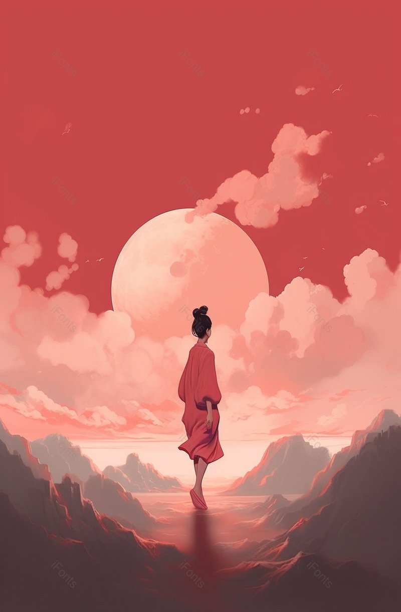 红色系氛围感女子背影伤感效果背景图,插画/手绘图,插画/手绘图库,插画/手绘图下载,插画/手绘